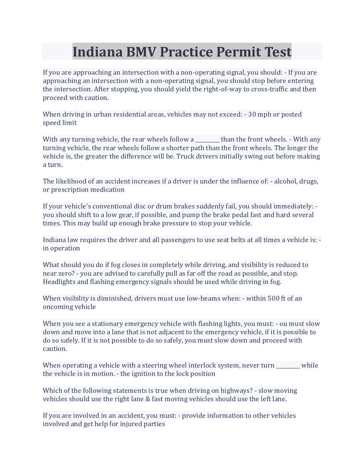 Preview image for Indiana BMV Practice Permit Test Latest Update